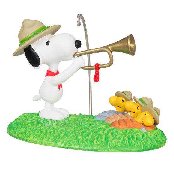 Hallmark The Peanuts® Gang Beagle Scouts 50th Anniversary Rise and Shine! 2024 Ornament and Pin, Set of 2